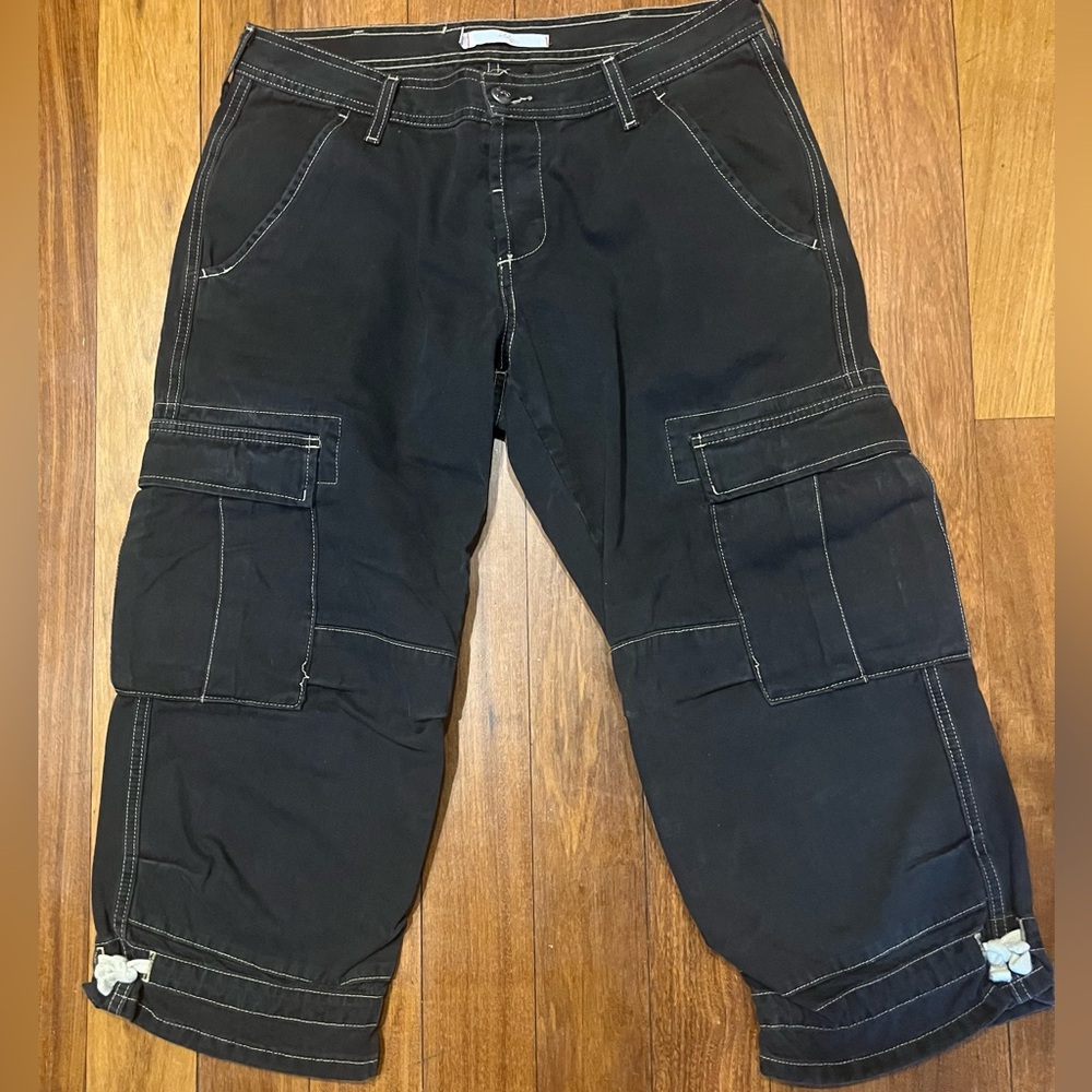 Joie Y2K Distressef Black Canvas Cropped Cargo Baggy Pants sz 29 Gorpcore